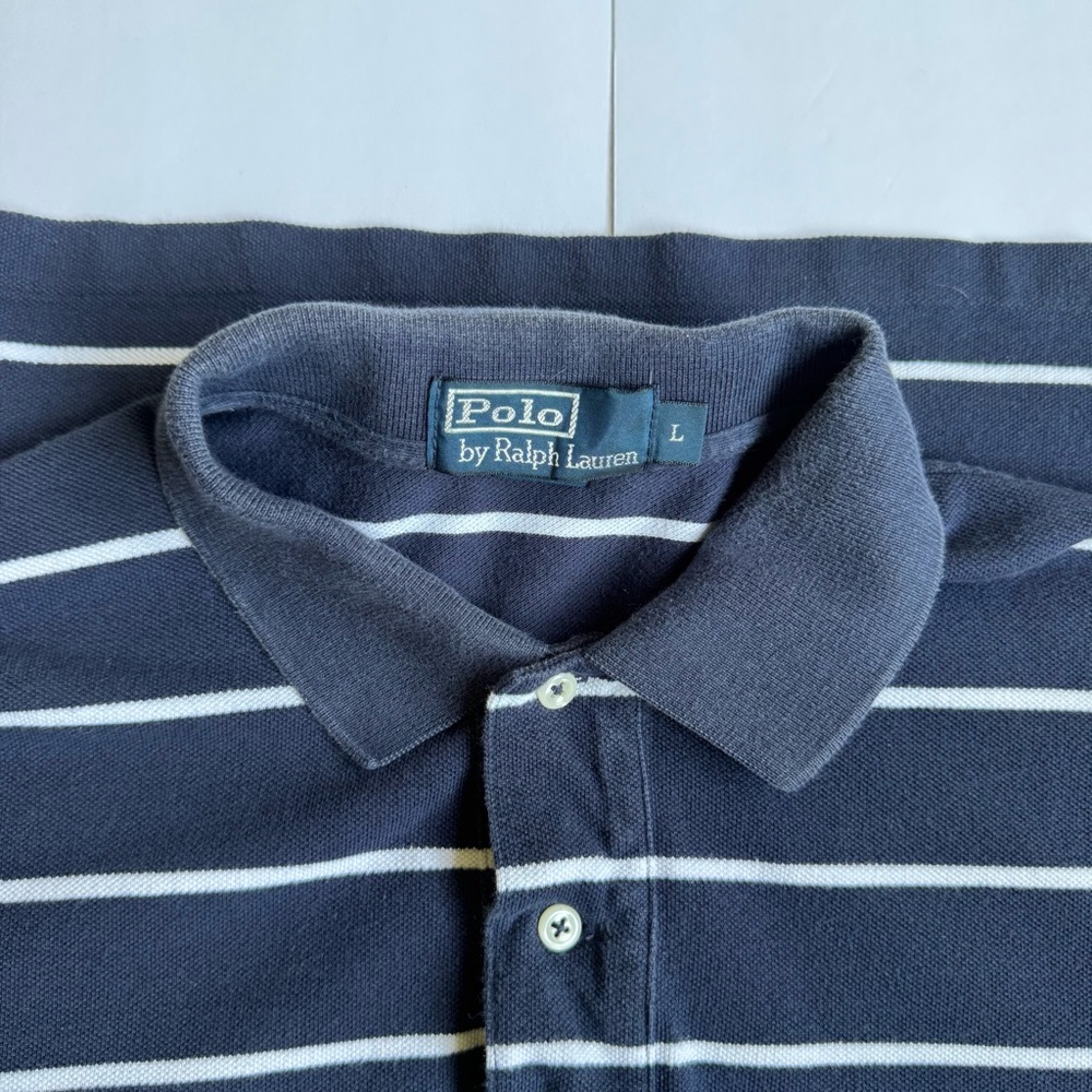 Polo Ralph Lauren Polo Shirt Blue Striped White Pony Cotton Mens Large Classic - Picture 9 of 9